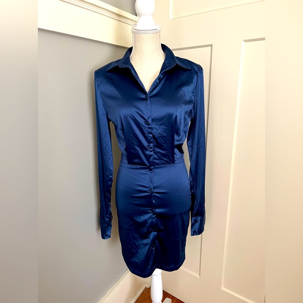 NWOT Womens Super Sexy Satin Shirt Dress Silky Satiny Dark Navy Size Medium